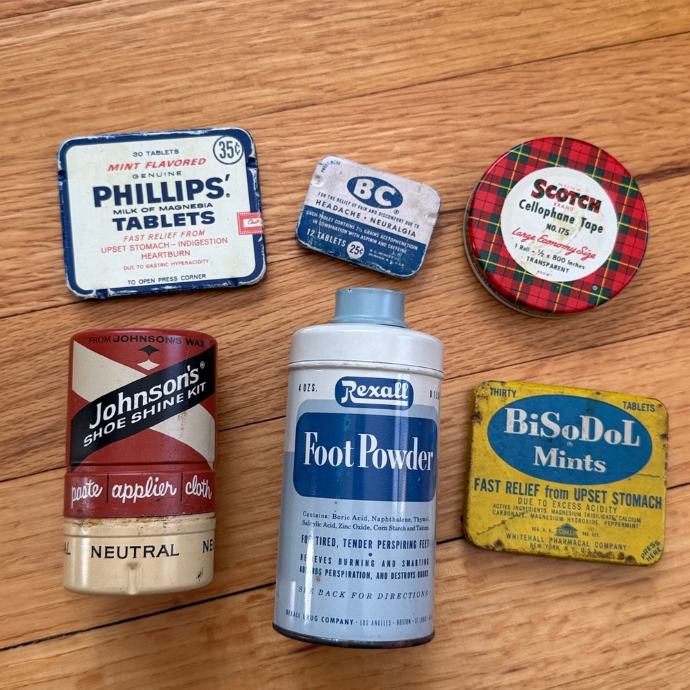 Vintage Tin Set of 6 - 4 Medicinal, 1 Shoe Shine & 1 Cellophane
